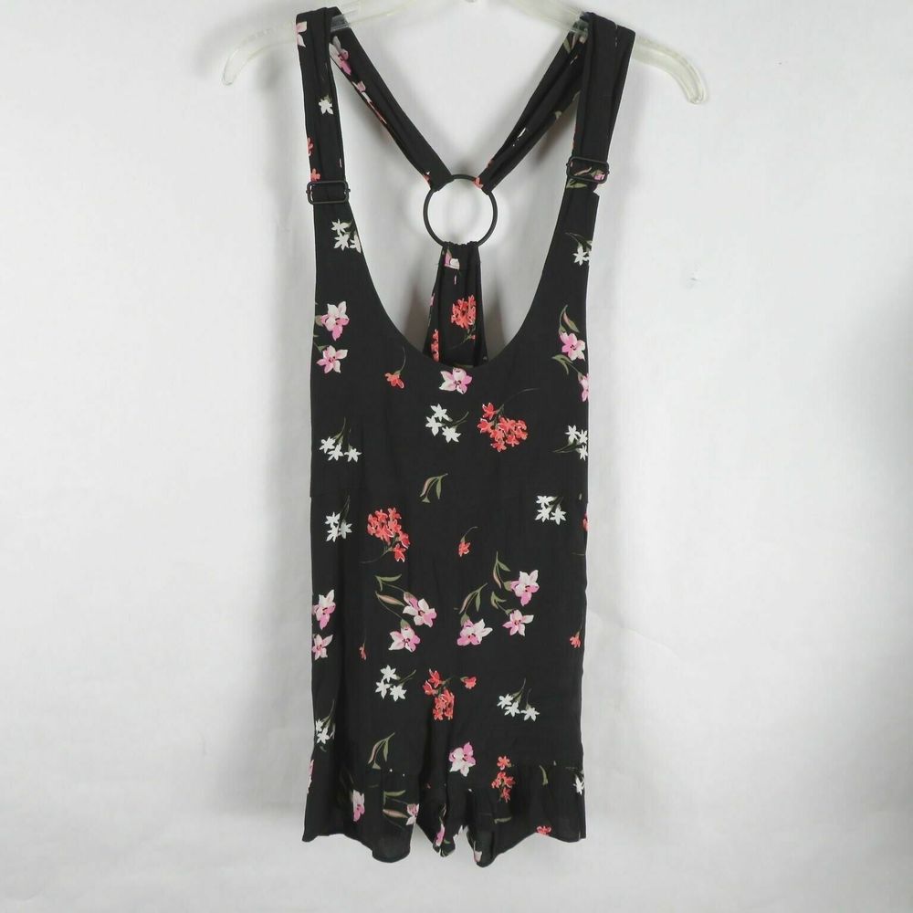 New Express Womens Romper Dress Racer Back Ruffle Hem Black Floral Size M